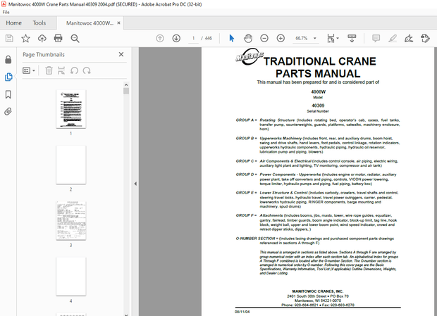 Manitowoc Traditional Crane 4000W Parts Manual SN 40309 – PDF DOWNLOAD