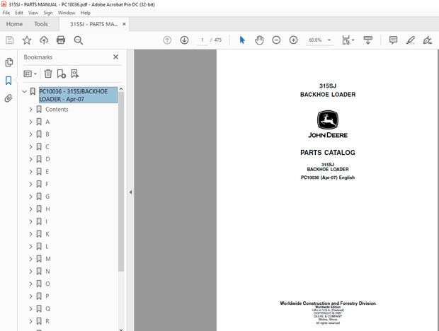 John Deere 315SJ BACKHOE LOADER PARTS MANUAL PC10036 - PDF DOWNLOAD