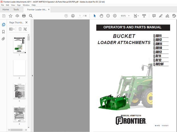 Frontier Loader Attachments AD11 AD12 AM11 AR10 AR12 AY11 AY12 AV20F Operator’s &amp; Parts Manual PDF