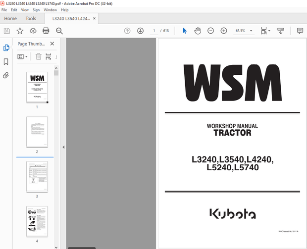 Kubota Tractor L3240 L3540 L4240 L5240 L5740 Workshop Manual – PDF DOWNLOAD