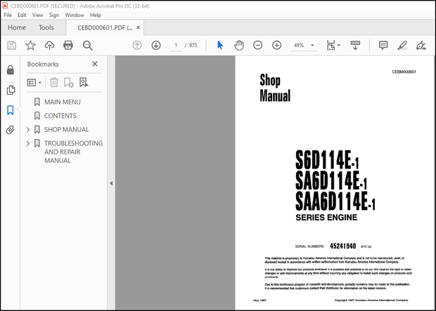 Komatsu S6D114E-1 SA6D114E-1 SAA6D114E-1 Series Engine Shop Manual CEBM000601 – PDF DOWNLOAD