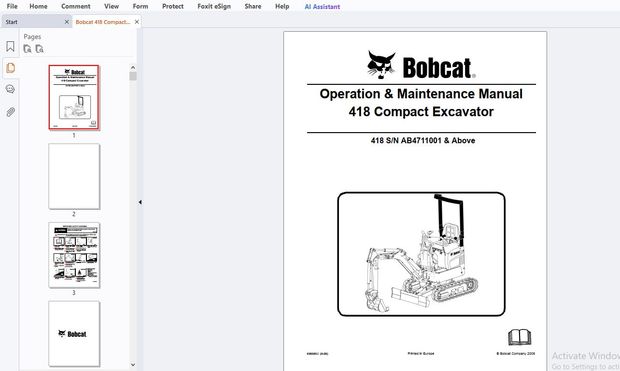 Bobcat 418 Compact Excavator Operation &amp; Maintenance Manual 6986852 - PDF DOWNLOAD