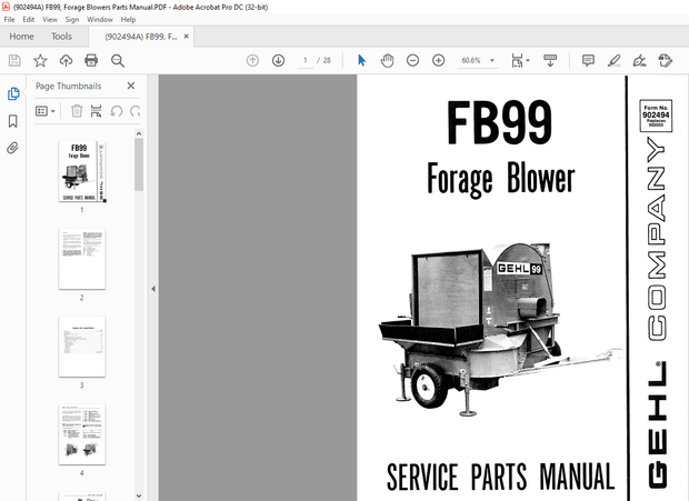 Gehl FB99 Forage Blower Service Parts Manual 902494 – PDF DOWNLOAD
