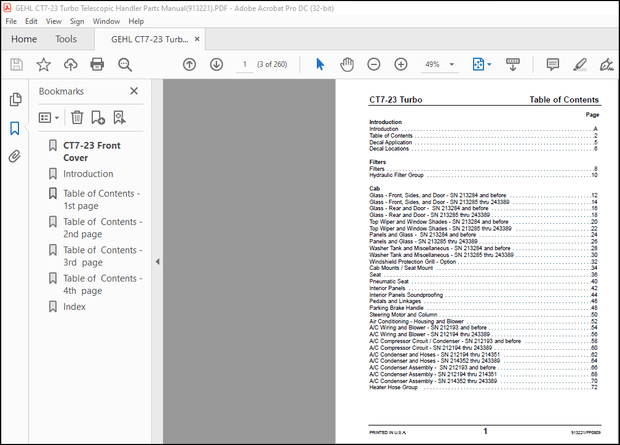 GEHL CT7-23 Turbo Telescopic Handler Parts Manual(913221) – PDF DOWNLOAD