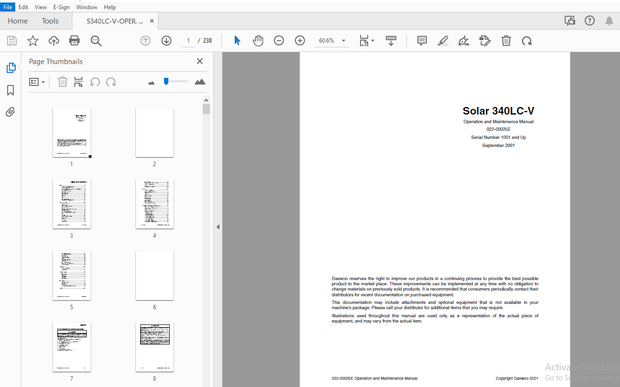 Daewoo Excavator S340LC-V Operation &amp; Maintenance Manual 022-00025E – PDF DOWNLOAD