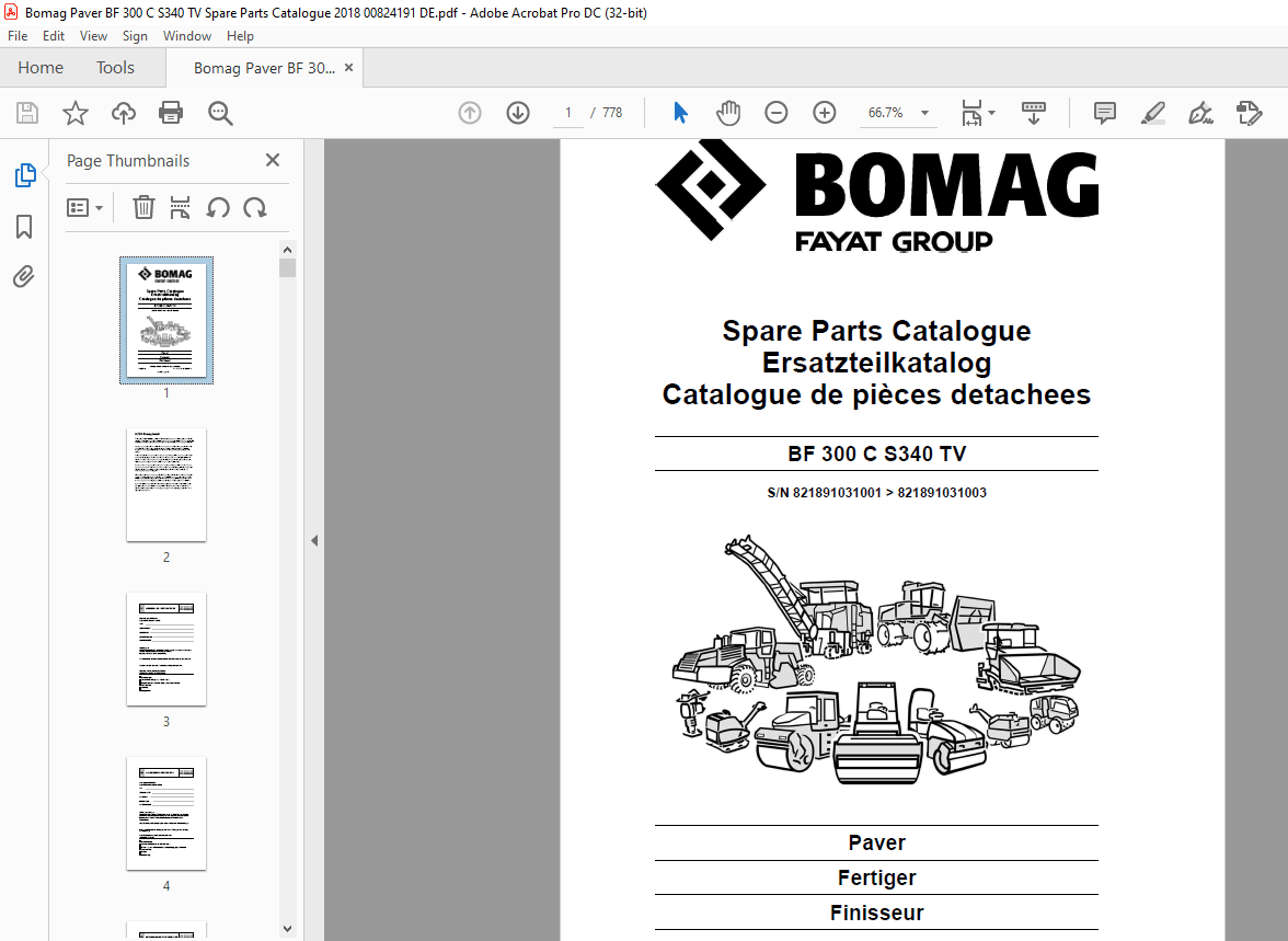 Bomag BF 300 C S340 TV Paver Spare Parts Catalogue Manual 00824191