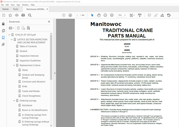Manitowoc Traditional Crane 4000W Parts Manual SN 40682 - PDF