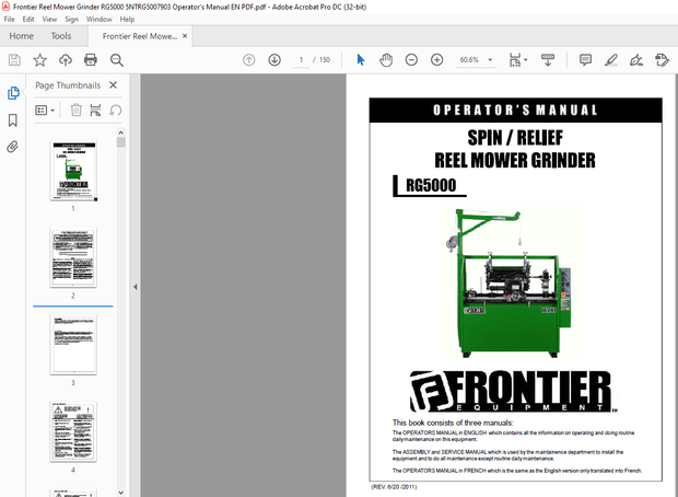 Frontier Reel Mower Grinder RG5000 Operator’s Manual(5NTRG5007903) – PDF DOWNLOAD
