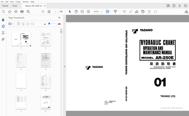 Tadano AR-250E Hydraulic Crane Operation &amp; Maintenance Manual – PDF
