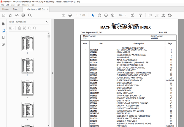 Manitowoc Crane 999 Parts Manual 9991414 PDF