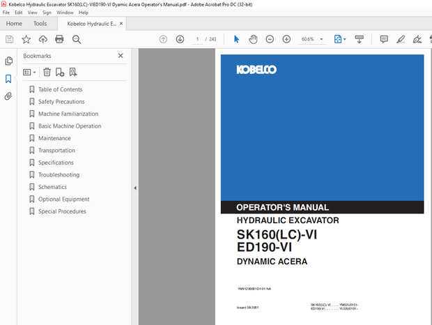 Kobelco SK160(LC)-VI ED190-VI Hydraulic Excavator Dyamic Acera Operator’s Manual – PDF DOWNLOAD