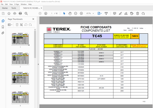 Terex Crane 745010 TC45 FICHES COMPOSANTS Components Manual – PDF DOWNLOAD