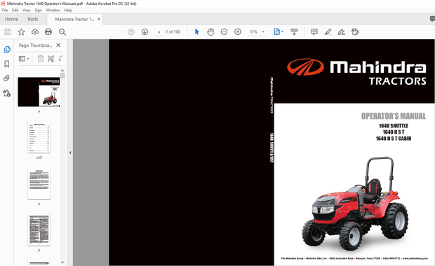 Mahindra Tractor 1640 SHUTTLE 1640 H S T 1640 H S T CABIN Operator’s Manual – PDF DOWNLOAD