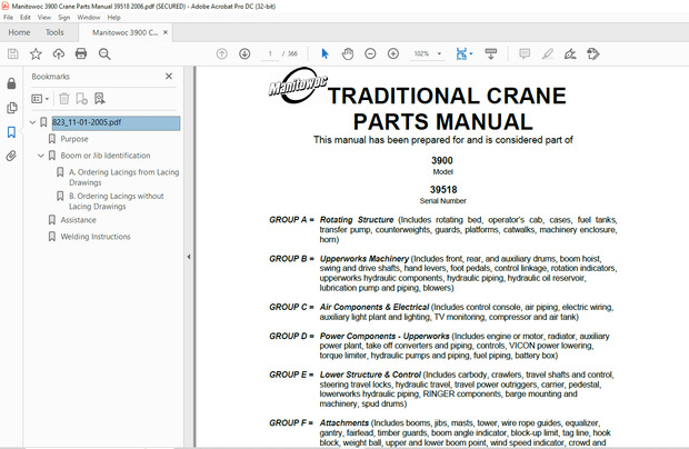 Manitowoc Traditional Crane 3900 Parts Manual SN 39518 PDF