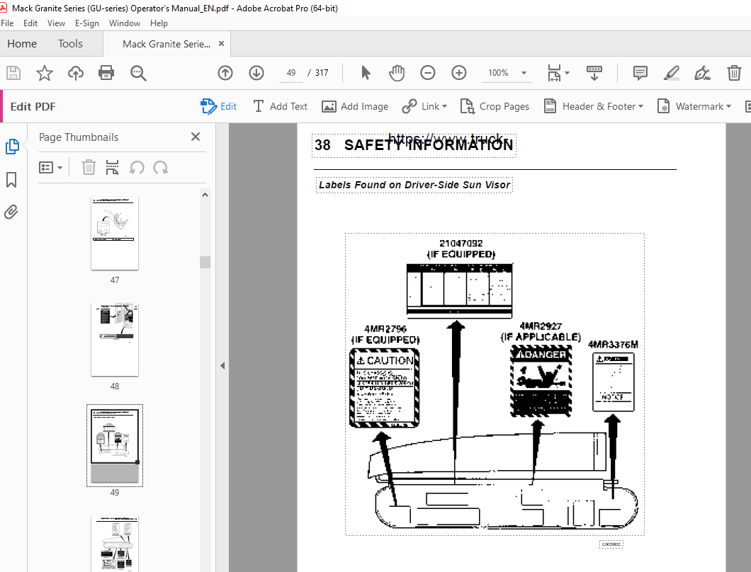 Mack Truck Granite Series (GU Series) Operator's Handbook Manual