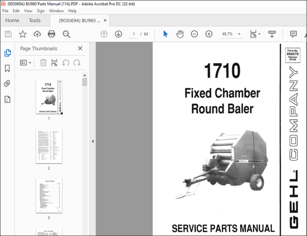 Gehl 1710 Fixed Chamber Round Baler Service Parts Manual(906076) – PDF DOWNLOAD