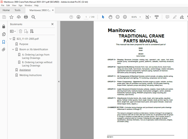 Manitowoc Traditional Crane 3900 Parts Manual SN 39351 – PDF DOWNLOAD