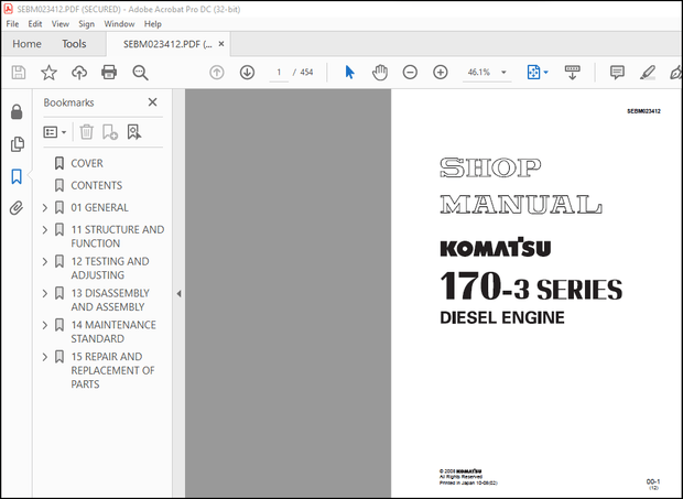 Komatsu 170-3 Series Diesel Engine Shop Manual SEBM023412 – PDF DOWNLOAD