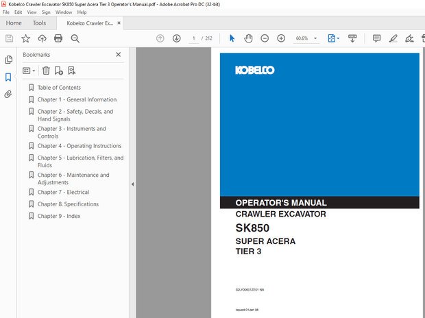 Kobelco SK850 SUPER ACERA TIER 3 Crawler Excavator Operator’s Manual – PDF DOWNLOAD