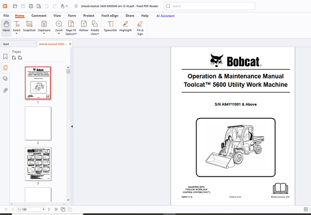 Bobcat Toolcat 5600 Utility Work Machine Operation &amp; Maintenance Manual PDF - DOWNLOAD