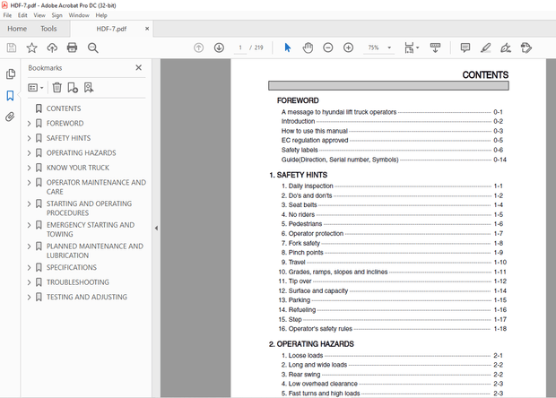 Hyundai HDF-7 Series Forklift Operator’s Manual 2023 PDF