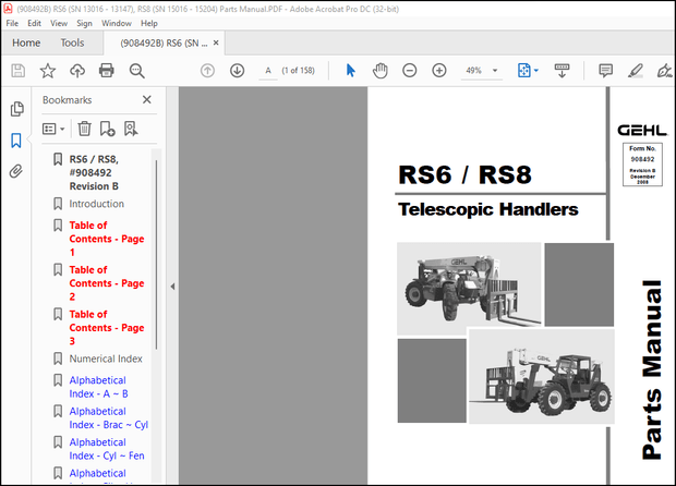 GEHL RS6 RS8 Telescopic Handlers Parts Manual(908492) – PDF DOWNLOAD