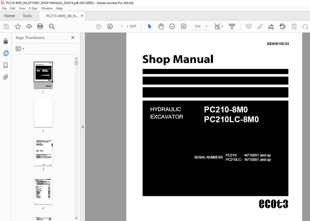 Komatsu PC210-8M0,PC210LC-8M0 Hydraulic Excavator Shop Manual SEN06109-02 - PDF DOWNLOAD