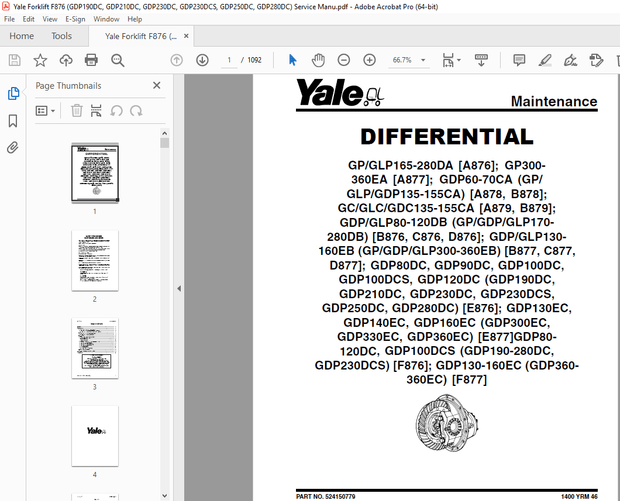 Yale Forklift F876 (GDP190DC, GDP210DC, GDP230DC, GDP230DCS, GDP250DC, GDP280DC) Service Manual - PD