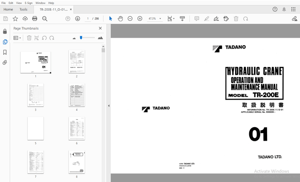 Tadano TR-200E Hydraulic Crane Operation &amp; Maintenance Manual – PDF