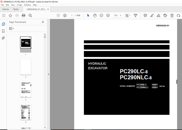 Komatsu PC290LC-8,PC290NLC-8 Hydraulic Excavator Repair Service Manual UEN00420-01 - PDF DOWNLOAD
