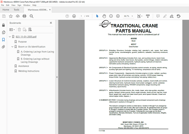 Manitowoc Traditional Crane 4000W Parts Manual SN 40517 - PDF