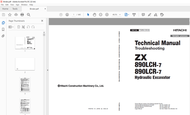 Hitachi ZX 890LCH-7 890LCR-7 Hydraulic Excavator Troubleshooting Technical Manual PN:TTJBR41 - PDF D