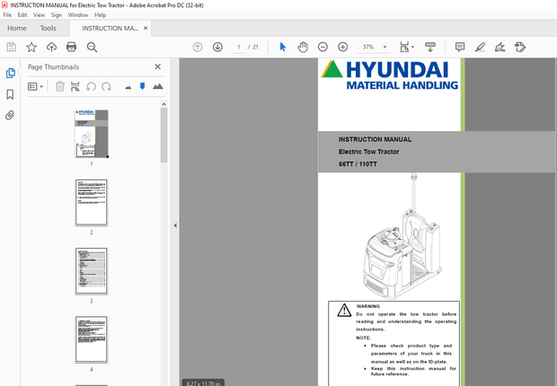 Hyundai Forklift 66TT 110TT Electric Tow Tractor INSTRUCTION MANUAL - PDF DOWNLOAD