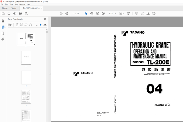 Tadano Hydraulic Crane TL-200E Operation and Maintenance Manual – PDF DOWNLOAD