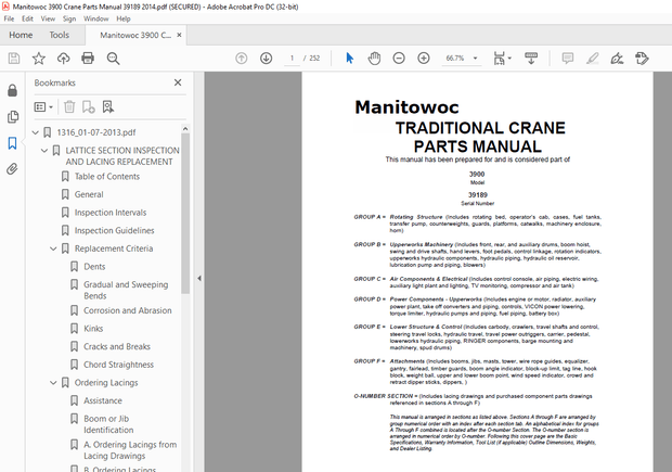 Manitowoc Traditional Crane 3900 Parts Manual SN 39189 – PDF DOWNLOAD