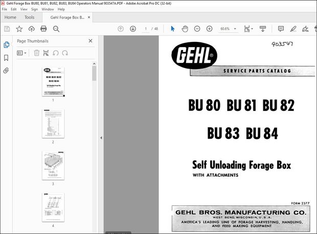 Gehl Forage Box BU80, BU81, BU82, BU83, BU84 Operators Manual 903547A – PDF DOWNLOAD