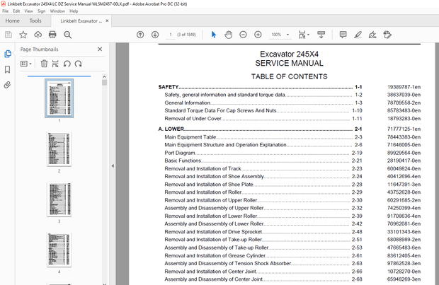Link Belt Excavator 245X4 WORKSHOP REPAIR MANUAL WLSM2457-00LX - PDF DOWNLOAD