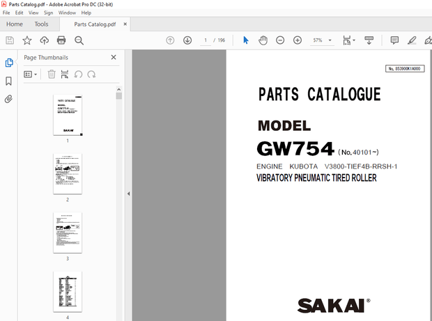 Sakai GW754 ENGINE KUBOTA V3800-TIEF4B-RRSH-1 VIBRATORY PNEUMATIC TIRED ROLLER Parts Catalog Manual