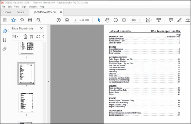 GEHL RS5 Telescopic Handler PARTS MANUAL(908495) – PDF DOWNLOAD