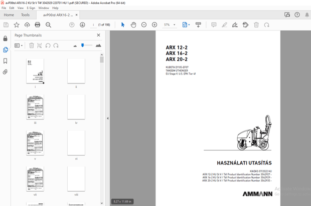 AMMANN ARX 12-2 ARX 16-2 ARX 20-2 KUBOTA D1105-EF07 HASZNÁLATI UTASÍTÁS - PDF