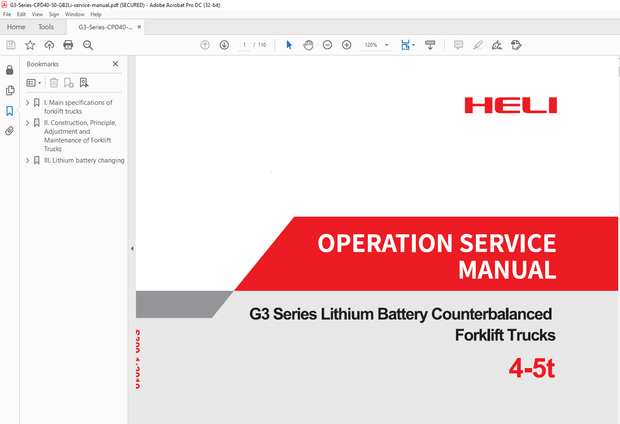 Heli G3 Series 4-5T Lithium Battery Counterbalanced Forklift Truck Operation Service Manual – PDF 