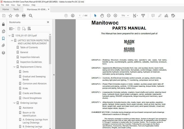 Manitowoc Traditional Crane M-65W Parts Manual 651005 – PDF DOWNLOAD