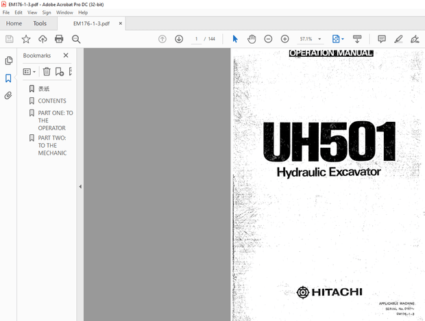 Hitachi Hydraulic Excavator UH501 Operation Manual(EM176-1-3) – PDF DOWNLOAD