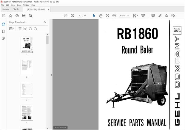 Gehl Round Baler RB1860 Service Parts Manual(903416) – PDF DOWNLOAD