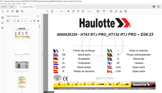 Haulotte Forklift HT43 RTJ PRO HT132 RTJ PRO Parts Manual 4000425320   – PDF DOWNLOAD