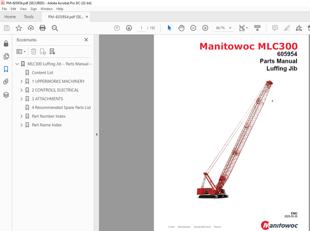 Manitowoc Crane MLC300 Luffing Jib Parts Manual 605954 – PDF DOWNLOAD