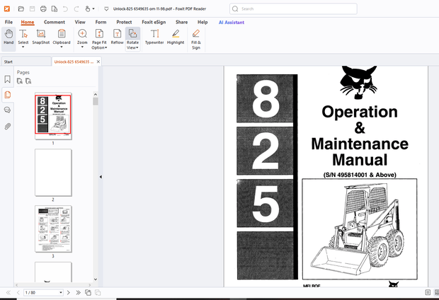 Bobcat 825 Operation &amp; Maintenance Manual - PDF DOWNLOAD