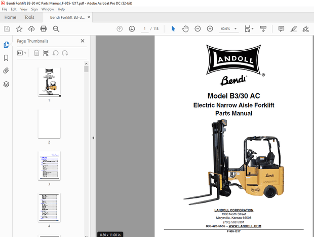 Bendi Landoll B3/30 AC Electric Narrow Aisle Forklift Operator’s Manual F-955-1217  – PDF DOWNLOAD