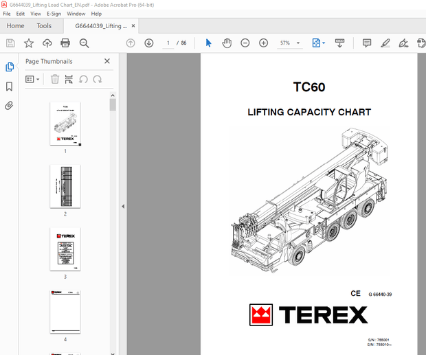 Terex Crane TC60 LIFTING CAPACITY CHART Manual – PDF DOWNLOAD