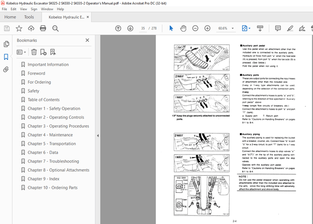 Kobelco SK025-2 SK030-2 SK035-2 Hydraulic Excavator Operator’s Manual – PDF DOWNLOAD